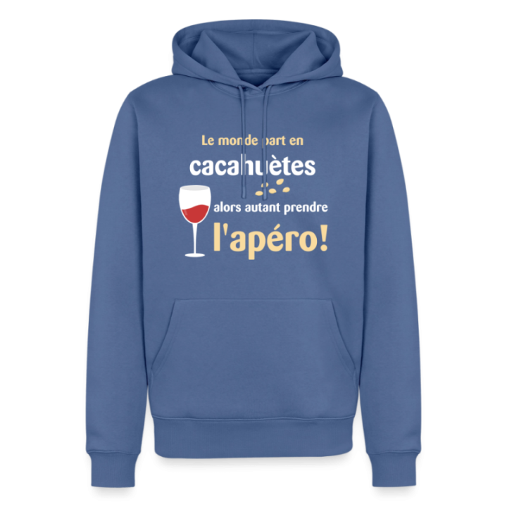 Sweat-shirt à capuche premium homme - Le monde part en cacahuètes - bleu pigeon - front