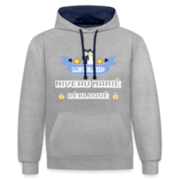 Sweat-shirt à capuche contrasté unisexe - Level-up: Niveau marié débloqué - gris chiné/bleu marine - front