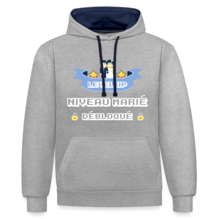 Sweat-shirt à capuche contrasté unisexe - Level-up: Niveau marié débloqué - gris chiné/bleu marine - front