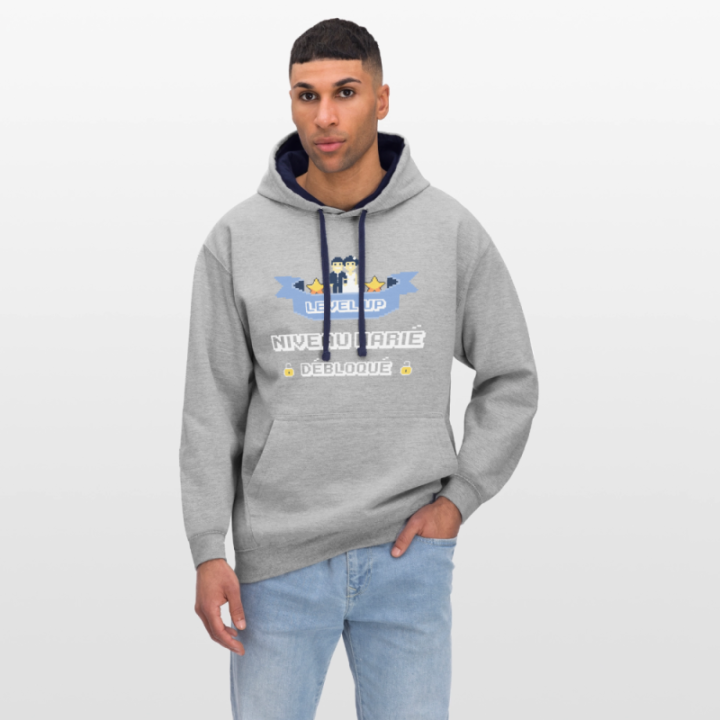 Sweat-shirt à capuche contrasté unisexe - Level-up: Niveau marié débloqué - gris chiné/bleu marine - front