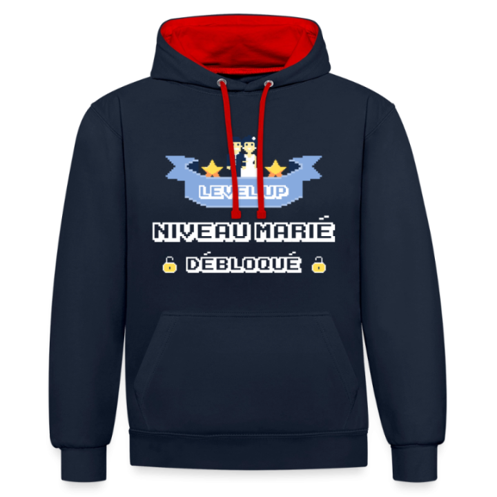 Sweat-shirt à capuche contrasté unisexe - Level-up: Niveau marié débloqué - bleu marine/rouge - front