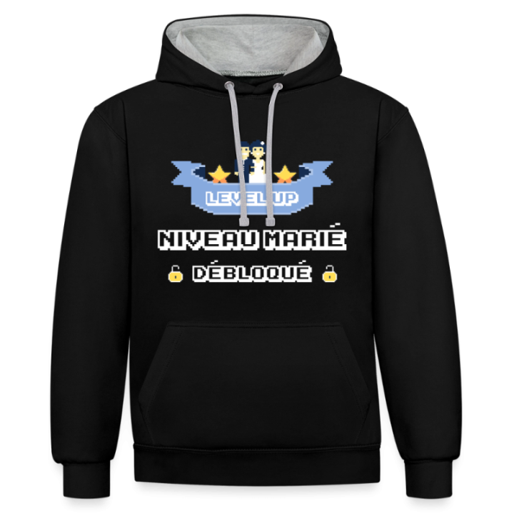 Sweat-shirt à capuche contrasté unisexe - Level-up: Niveau marié débloqué - noir/gris chiné - front