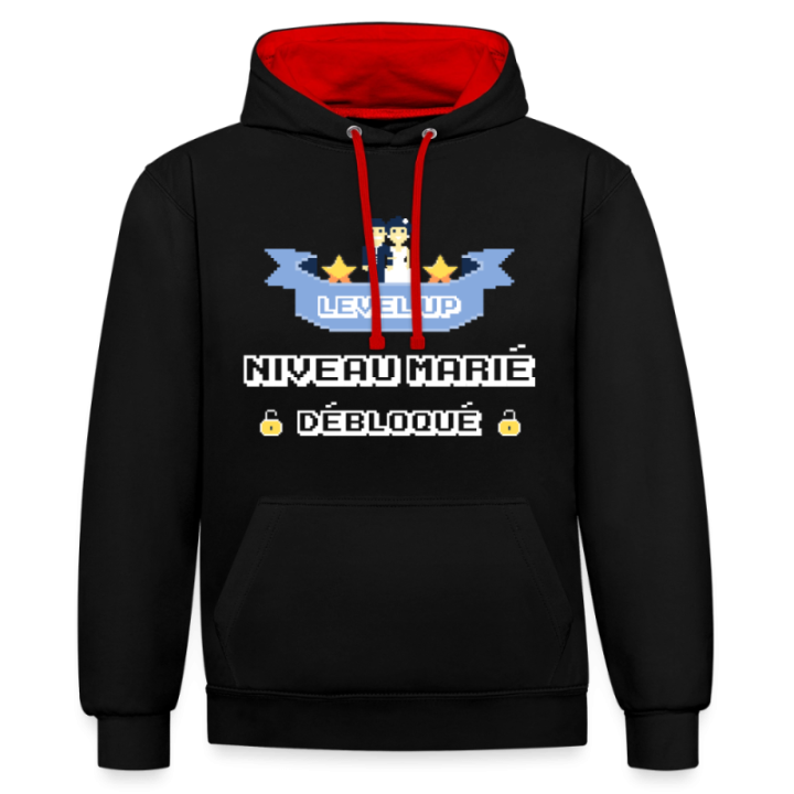 Sweat-shirt à capuche contrasté unisexe - Level-up: Niveau marié débloqué - noir/rouge - front