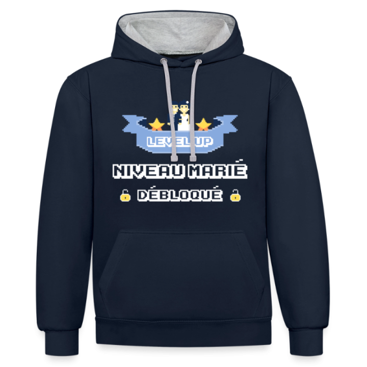 Sweat-shirt à capuche contrasté unisexe - Level-up: Niveau marié débloqué - bleu marine/gris chiné - front