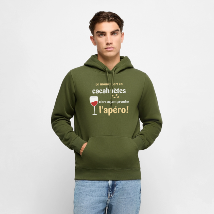Sweat-shirt à capuche premium homme - Le monde part en cacahuètes - kaki - front