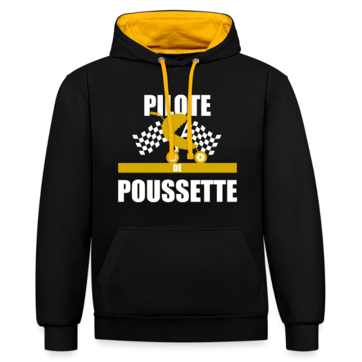 Sweat-shirt à capuche contrasté unisexe - Pilote de poussette - noir/or - front