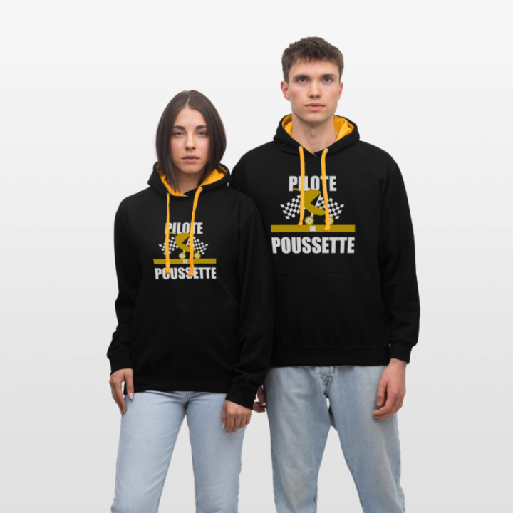 Sweat-shirt à capuche contrasté unisexe - Pilote de poussette - noir/or - front