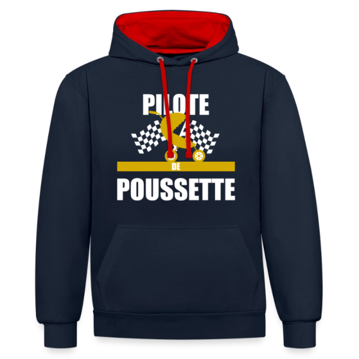Sweat-shirt à capuche contrasté unisexe - Pilote de poussette - bleu marine/rouge - front