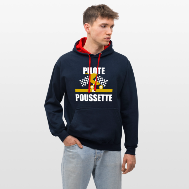 Sweat-shirt à capuche contrasté unisexe - Pilote de poussette - bleu marine/rouge - front