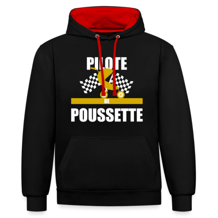 Sweat-shirt à capuche contrasté unisexe - Pilote de poussette - noir/rouge - front