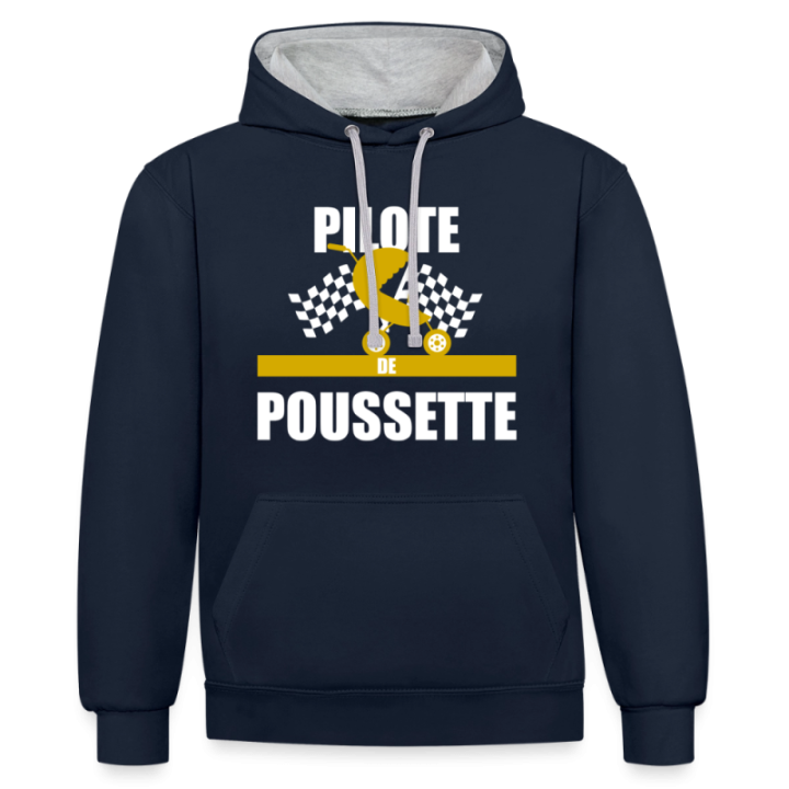 Sweat-shirt à capuche contrasté unisexe - Pilote de poussette - bleu marine/gris chiné - front