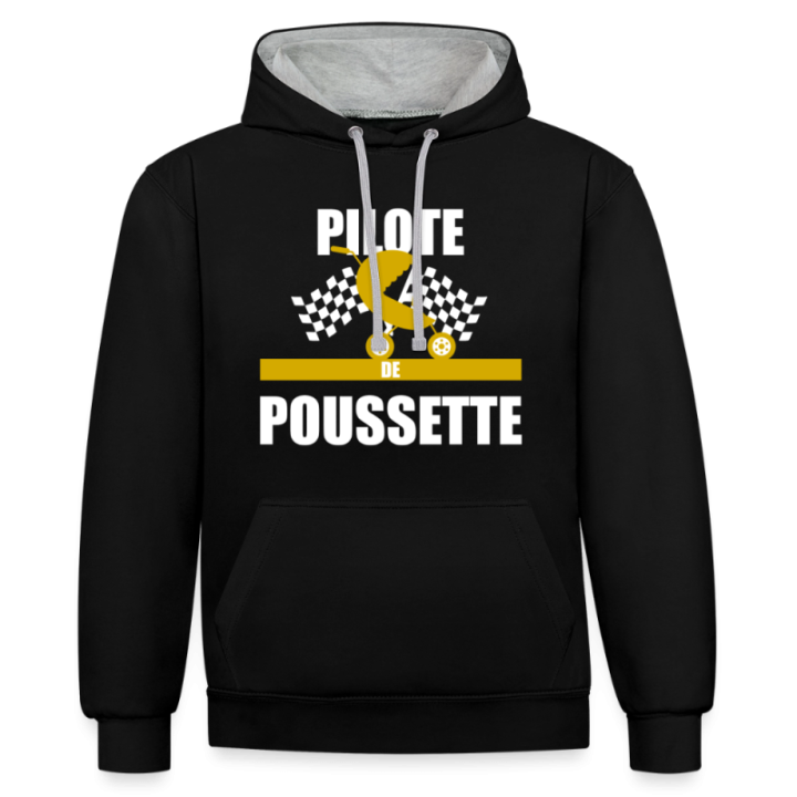Sweat-shirt à capuche contrasté unisexe - Pilote de poussette - noir/gris chiné - front