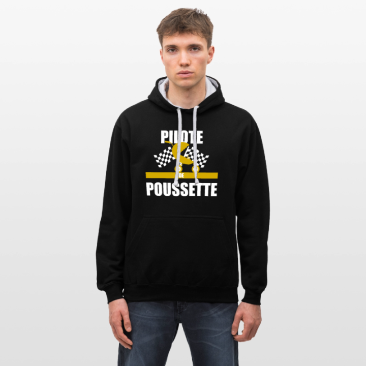 Sweat-shirt à capuche contrasté unisexe - Pilote de poussette - noir/gris chiné - front