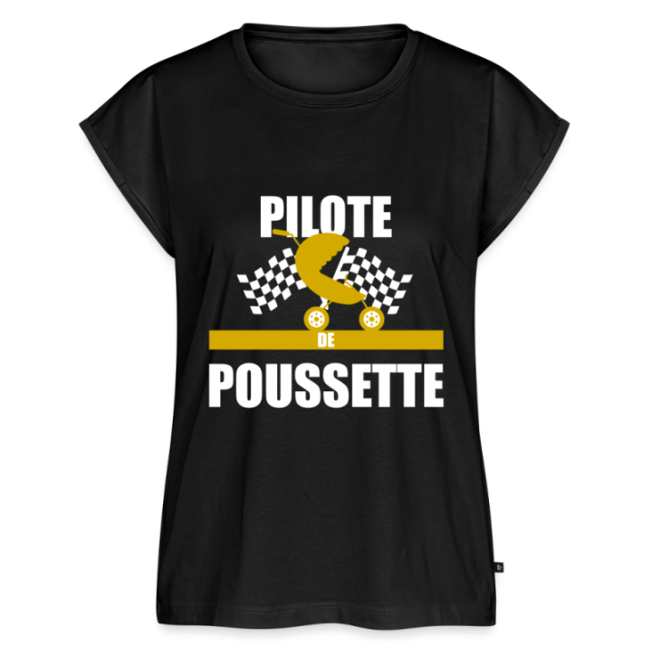 T-shirt à manches retroussées femme - Pilote de poussette - noir - front