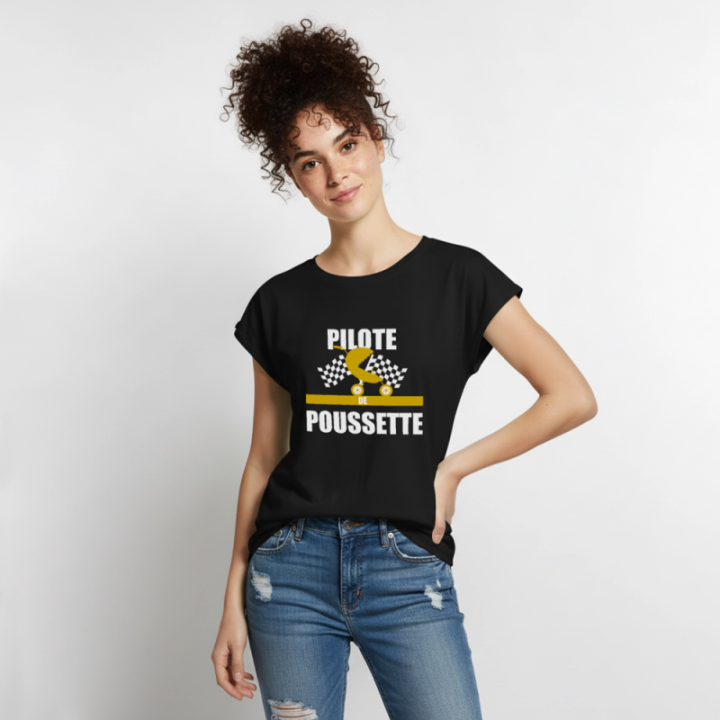 T-shirt à manches retroussées femme - Pilote de poussette - noir - front