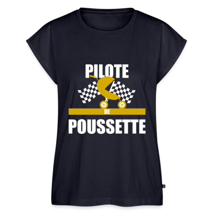 T-shirt à manches retroussées femme - Pilote de poussette - bleu marine - front