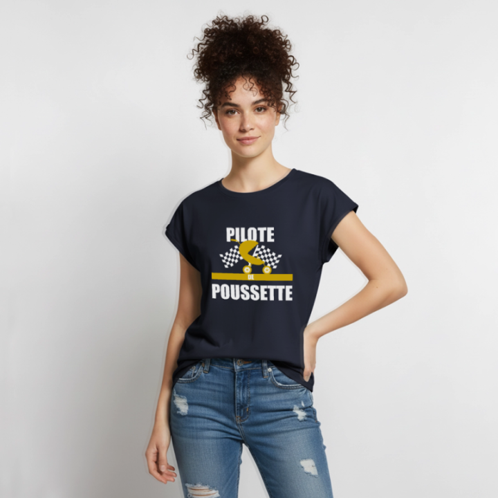 T-shirt à manches retroussées femme - Pilote de poussette - bleu marine - front