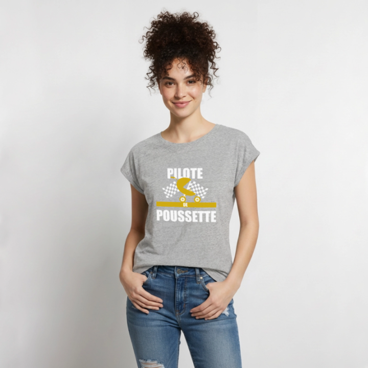 T-shirt à manches retroussées femme - Pilote de poussette - gris chiné - front