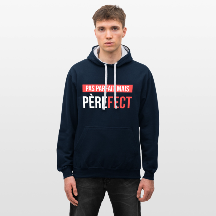 Sweat-shirt à capuche contrasté unisexe - Pas parfait mais Père-fect - bleu marine/gris chiné - front