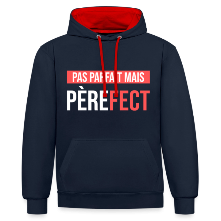 Sweat-shirt à capuche contrasté unisexe - Pas parfait mais Père-fect - bleu marine/rouge - front