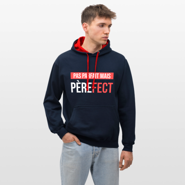 Sweat-shirt à capuche contrasté unisexe - Pas parfait mais Père-fect - bleu marine/rouge - front