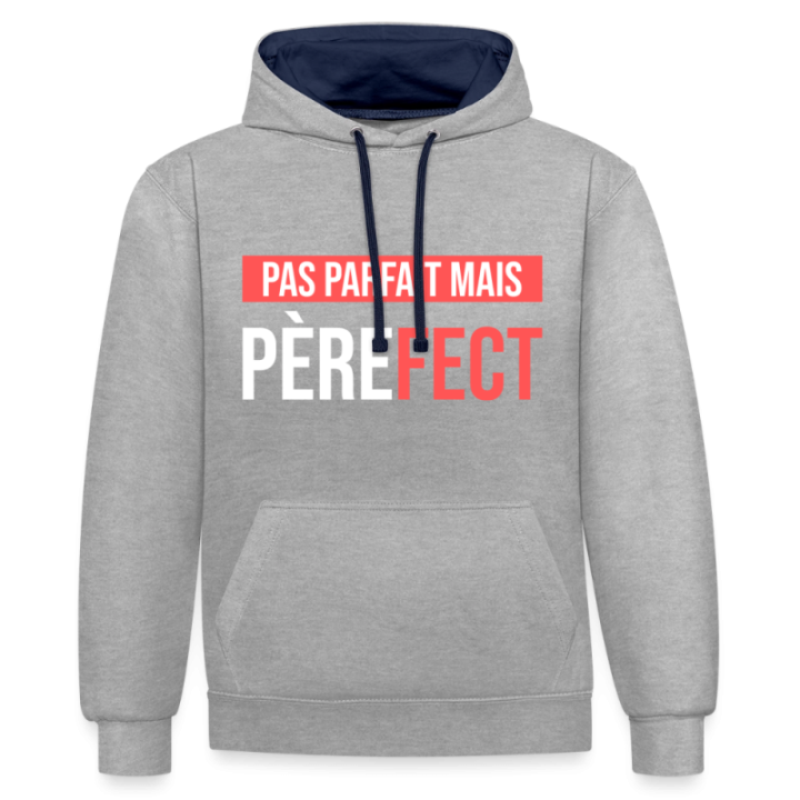 Sweat-shirt à capuche contrasté unisexe - Pas parfait mais Père-fect - gris chiné/bleu marine - front