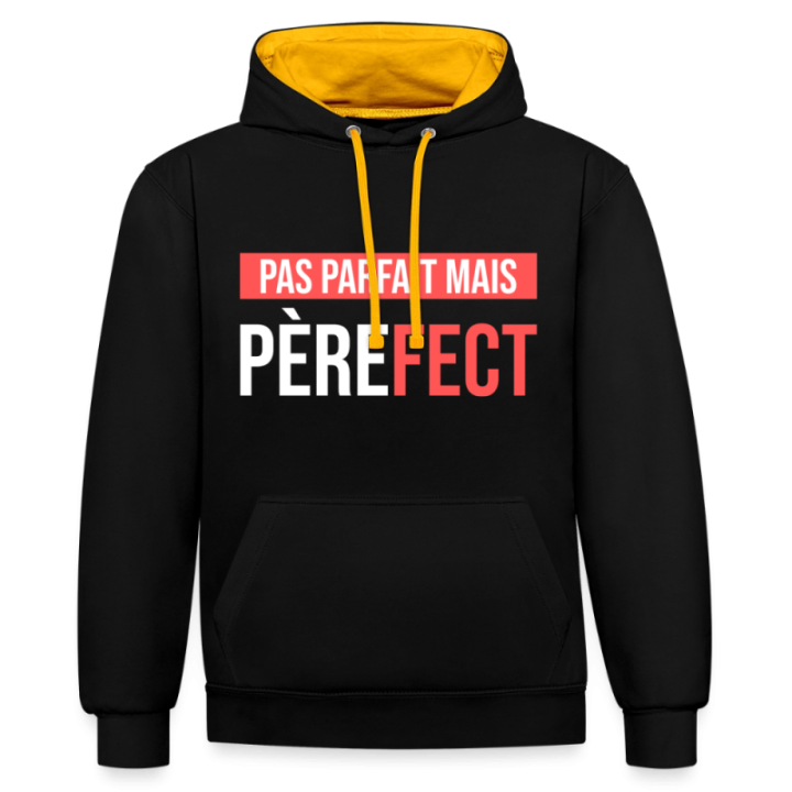 Sweat-shirt à capuche contrasté unisexe - Pas parfait mais Père-fect - noir/or - front
