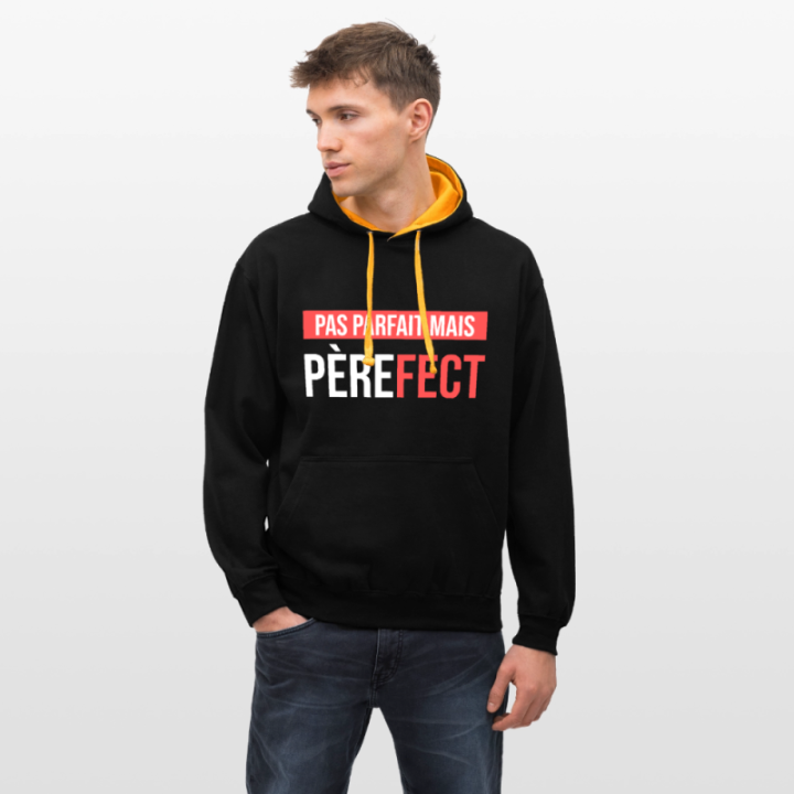 Sweat-shirt à capuche contrasté unisexe - Pas parfait mais Père-fect - noir/or - front
