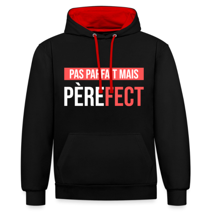 Sweat-shirt à capuche contrasté unisexe - Pas parfait mais Père-fect - noir/rouge - front