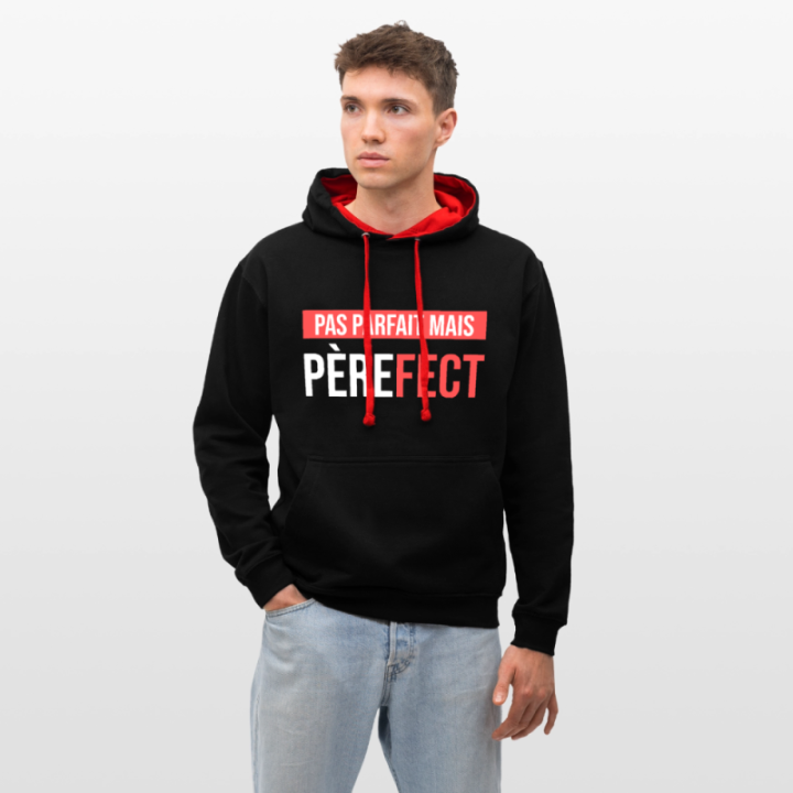Sweat-shirt à capuche contrasté unisexe - Pas parfait mais Père-fect - noir/rouge - front