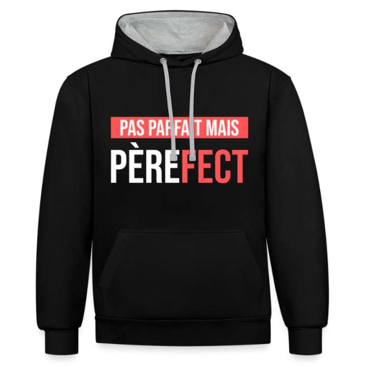 Sweat-shirt à capuche contrasté unisexe - Pas parfait mais Père-fect - noir/gris chiné - front