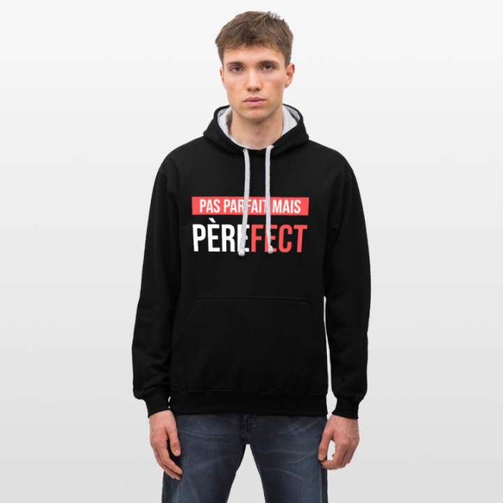 Sweat-shirt à capuche contrasté unisexe - Pas parfait mais Père-fect - noir/gris chiné - front