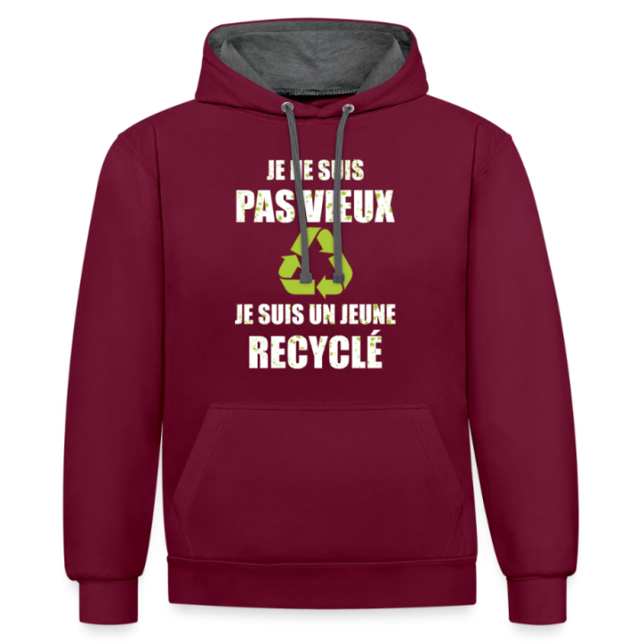 Sweat-shirt à capuche contrasté unisexe - Je suis un jeune recyclé - bordeaux/anthracite - front