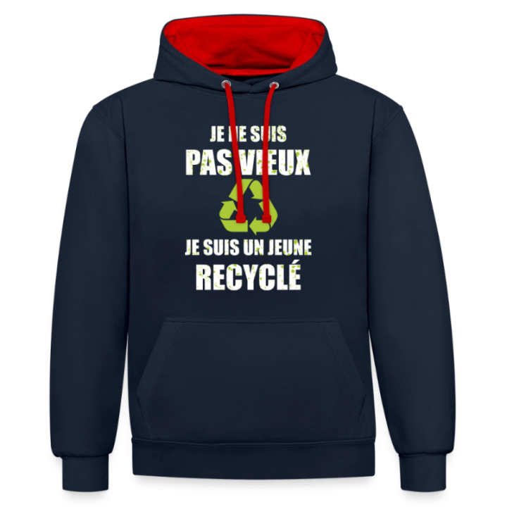 Sweat-shirt à capuche contrasté unisexe - Je suis un jeune recyclé - bleu marine/rouge - front