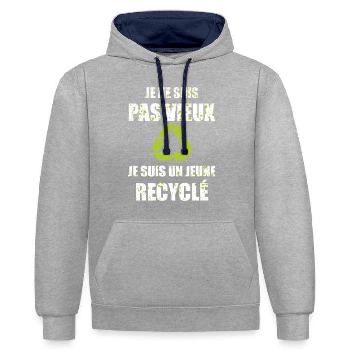Sweat-shirt à capuche contrasté unisexe - Je suis un jeune recyclé - gris chiné/bleu marine - front