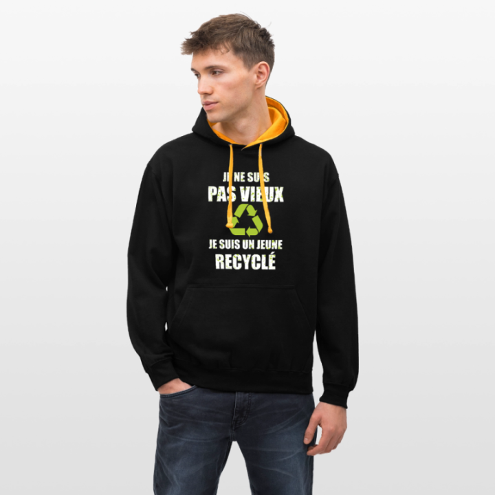 Sweat-shirt à capuche contrasté unisexe - Je suis un jeune recyclé - noir/or - front