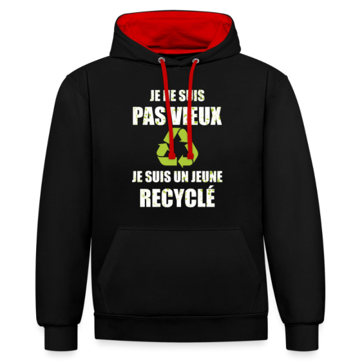 Sweat-shirt à capuche contrasté unisexe - Je suis un jeune recyclé - noir/rouge - front