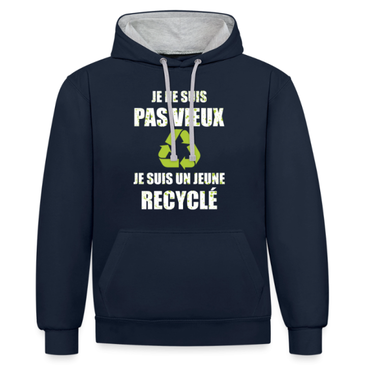 Sweat-shirt à capuche contrasté unisexe - Je suis un jeune recyclé - bleu marine/gris chiné - front