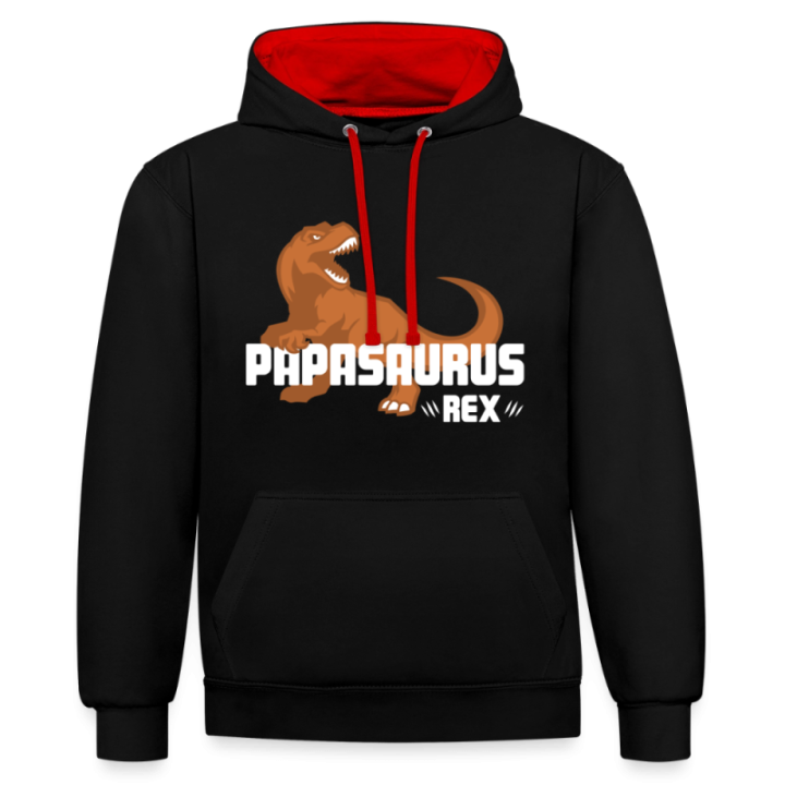 Sweat-shirt à capuche contrasté unisexe - Papasaurus Rex - noir/rouge - front
