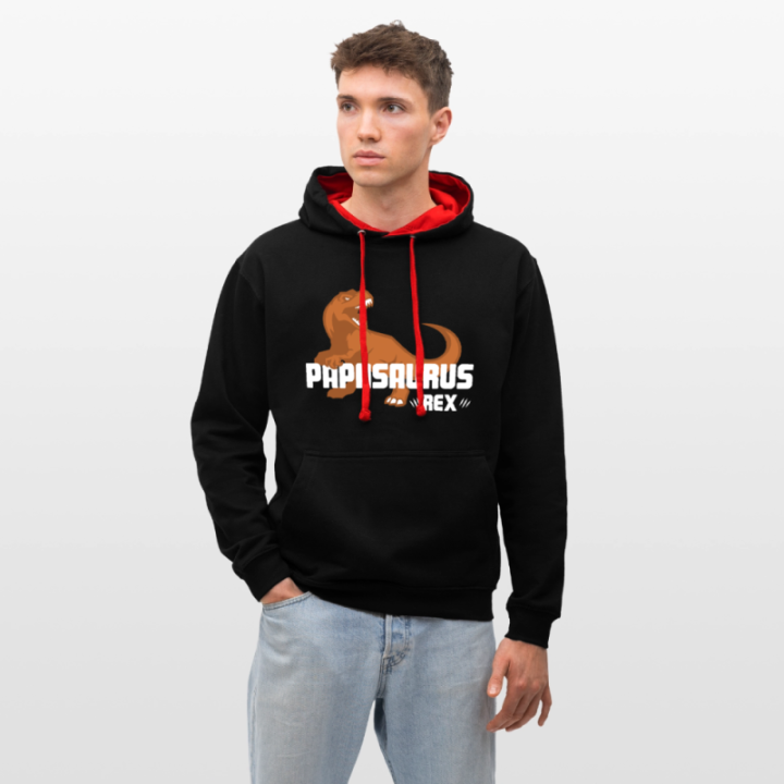 Sweat-shirt à capuche contrasté unisexe - Papasaurus Rex - noir/rouge - front