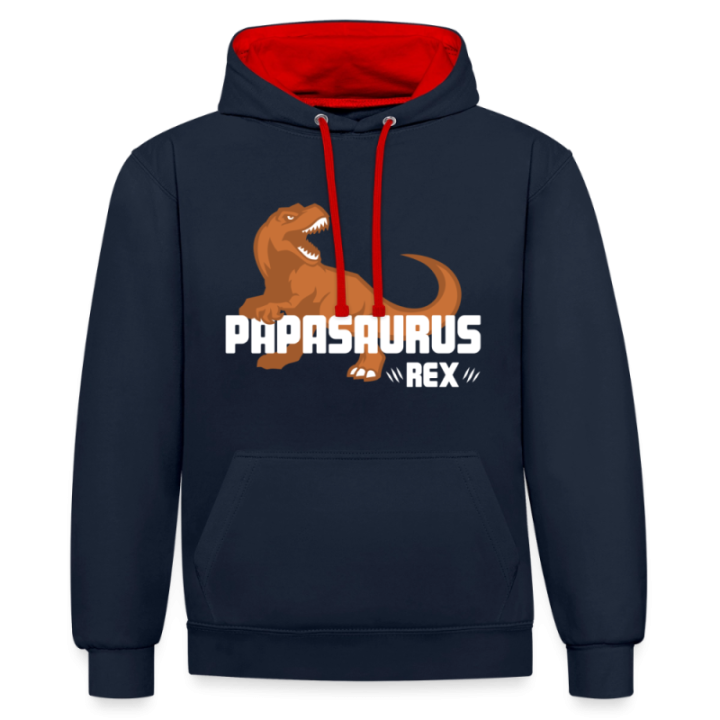 Sweat-shirt à capuche contrasté unisexe - Papasaurus Rex - bleu marine/rouge - front