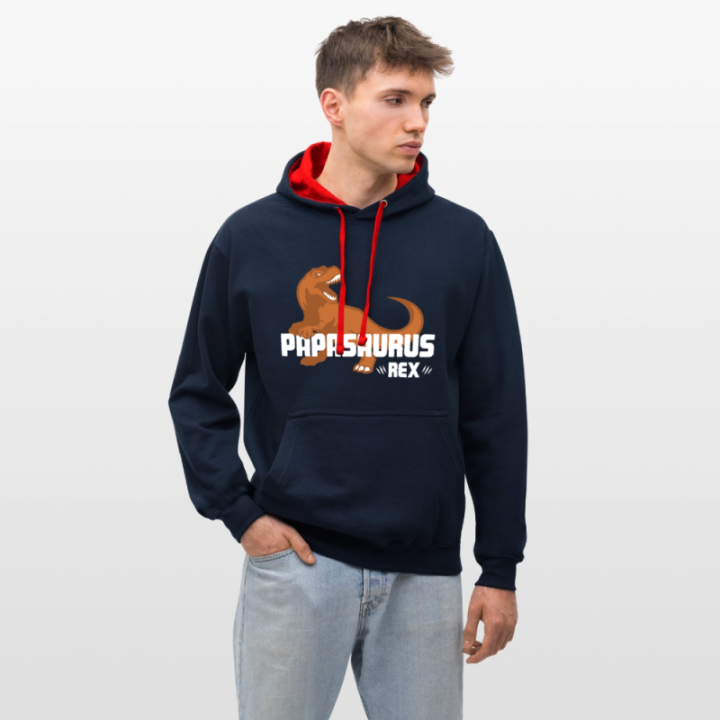 Sweat-shirt à capuche contrasté unisexe - Papasaurus Rex - bleu marine/rouge - front