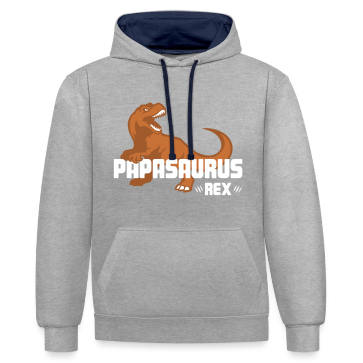 Sweat-shirt à capuche contrasté unisexe - Papasaurus Rex - gris chiné/bleu marine - front