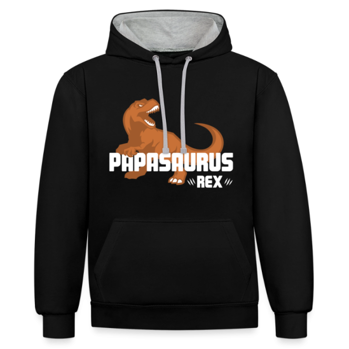 Sweat-shirt à capuche contrasté unisexe - Papasaurus Rex - noir/gris chiné - front