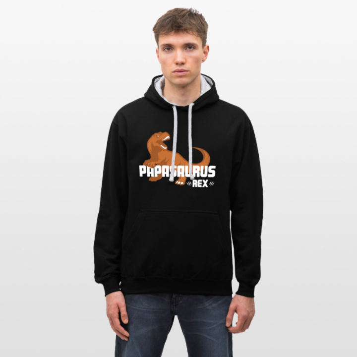Sweat-shirt à capuche contrasté unisexe - Papasaurus Rex - noir/gris chiné - front