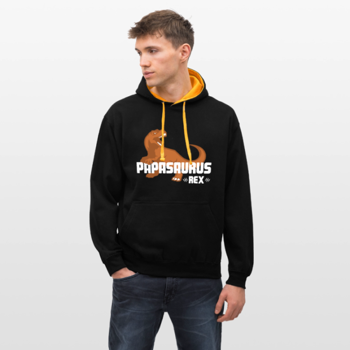 Sweat-shirt à capuche contrasté unisexe - Papasaurus Rex - noir/or - front