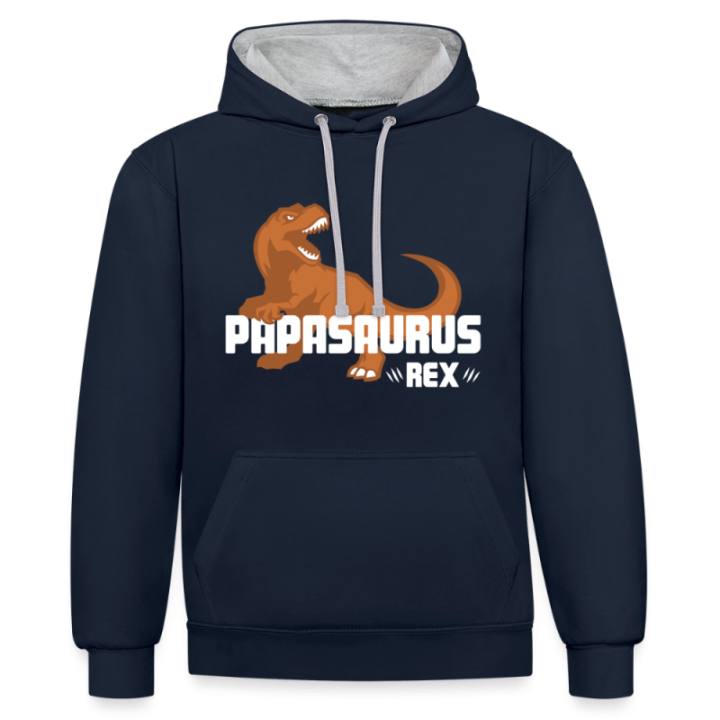Sweat-shirt à capuche contrasté unisexe - Papasaurus Rex - bleu marine/gris chiné - front