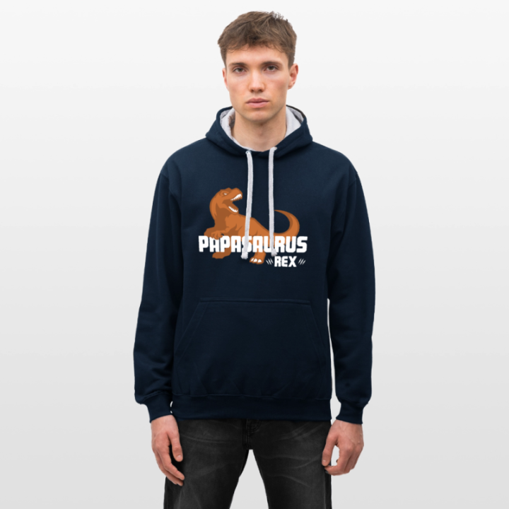 Sweat-shirt à capuche contrasté unisexe - Papasaurus Rex - bleu marine/gris chiné - front