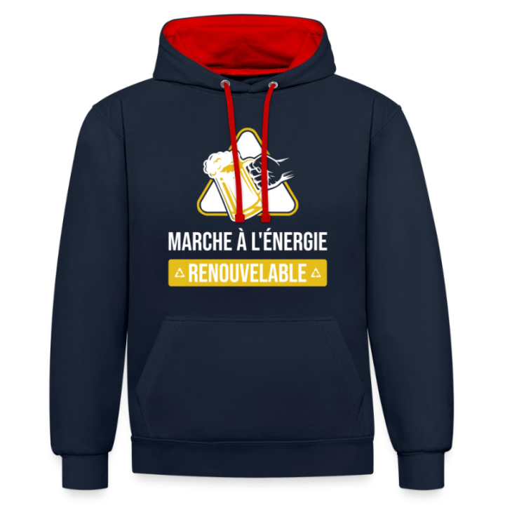 Sweat-shirt à capuche contrasté unisexe - Marche à l'énergie renouvelable - bleu marine/rouge - front