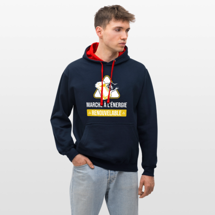 Sweat-shirt à capuche contrasté unisexe - Marche à l'énergie renouvelable - bleu marine/rouge - front